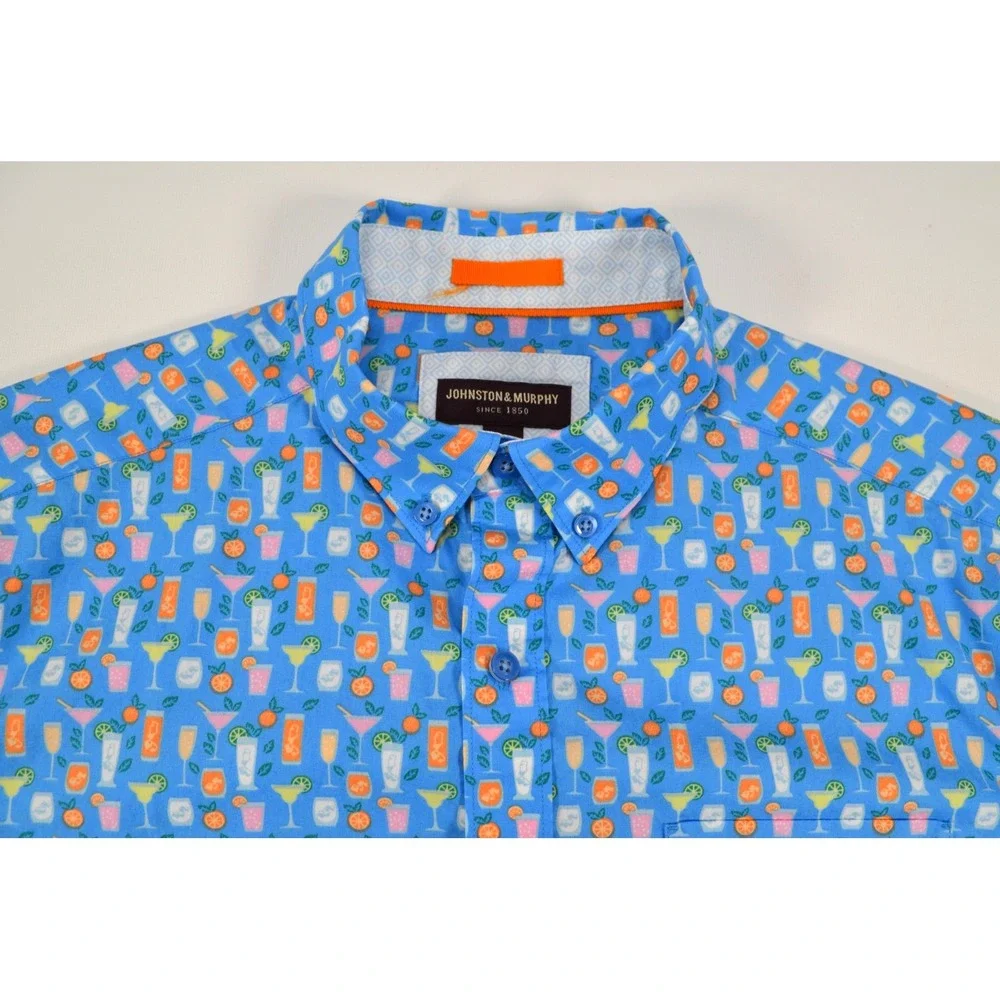 Johnston & Murphy Shirt Men's L Button Front Short Sleeve Blue w/ Cocktail Glass - Picture 8 of 16